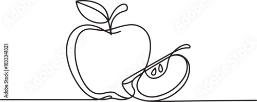 Single one line drawing whole and slice healthy organic apple for orchard logo identity. Fresh delicious fruitage concept for fruit garden icon. one line Icon drawing
