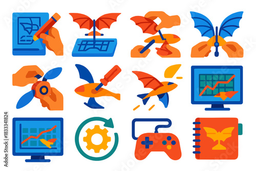 Ornithopter Design Icons. Flat vector icons of ornithopter design workflow: sketching, prototyping, assembly, wing attachment,