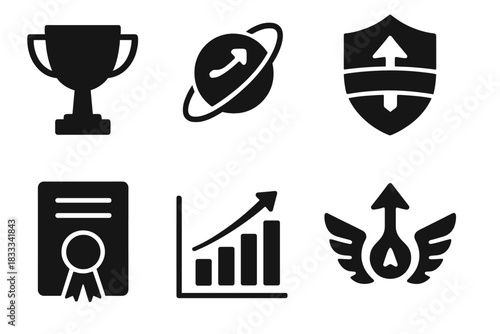 Altitude Achievement Icons. Solid style icons of altitude achievement awards: trophy glyph, orbit level icon, badge stripe.