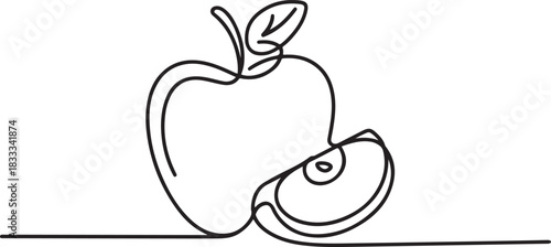 Single one line drawing whole and slice healthy organic apple for orchard logo identity. Fresh delicious fruitage concept for fruit garden icon. one line Icon drawing