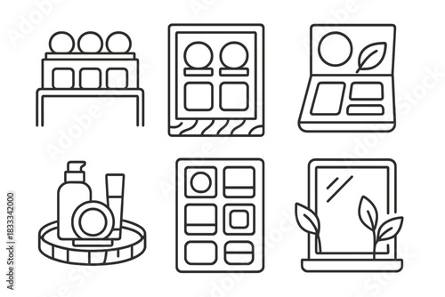 Eco-Friendly Makeup Icons. Line style icons of biodegradable makeup displays: shelf with eco pods, natural-texture display case,
