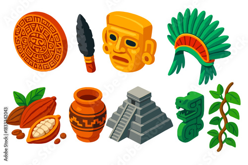 Aztec Treasures Icons. Isometric vector illustration set Cultural heritage – Aztec calendar stone, obsidian blade, gold mask;