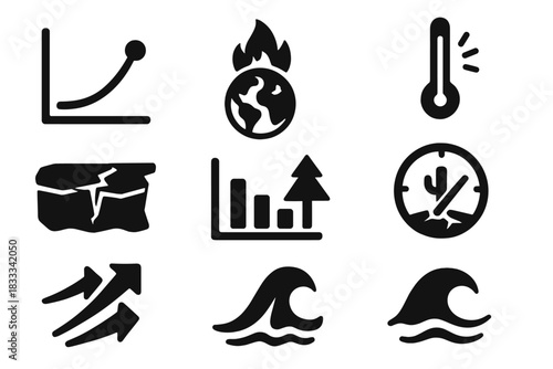 Collapse Indicator Icons. Solid style icons of collapse indicators: tipping point graphs, overheating icons, broken thermometers.
