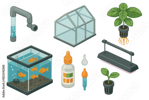 Aquaponics System Illustrations. Isometric vector illustration set of Aquaponics systems: siphon filter tube, small greenhouse