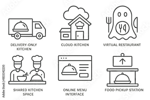 Ghost Kitchen Icons. Line style icons of ghost kitchen concepts: delivery-only kitchen, cloud kitchen building, virtual restaurant