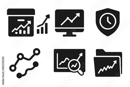 Historical Data Icons. Solid style icons of historical data utilization: archive icon with chart, data history graph,
