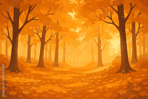Golden Autumn Forest. Scenic autumn forest with golden leaves carpeting the ground, illuminated by soft vector illustration