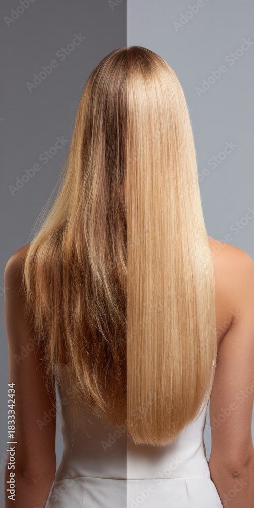 Naklejka premium Female hair transformation from frizzy to smooth blonde