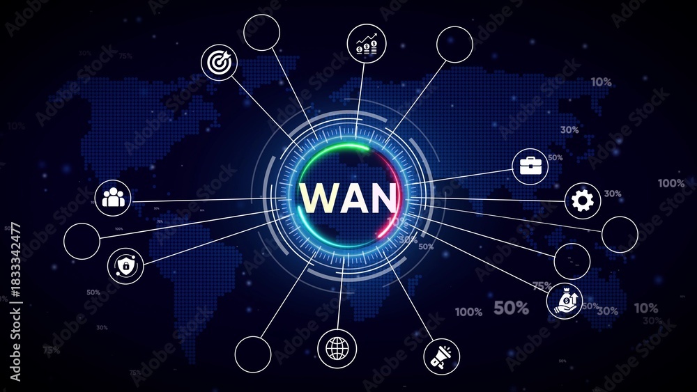 Fototapeta premium Digital network diagram illustrating WAN with connected icons and world map background wide area network