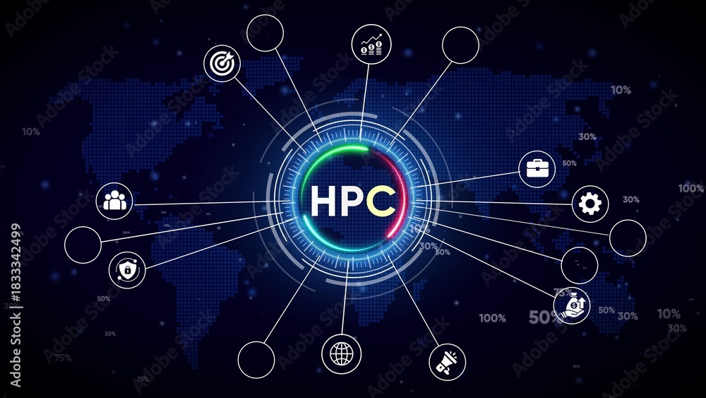 Obraz premium HPC High Performance Computing Network Hub with Global Map and Icons image photo