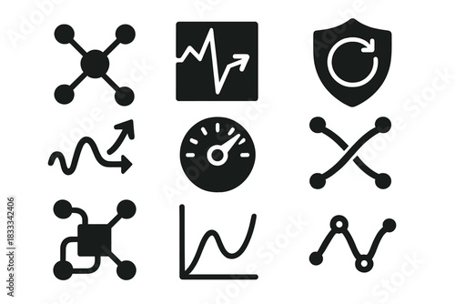 Chaos Design Icons. Solid style icons of chaos-ready design: random event node, volatility buffer icon, unpredictable flow with