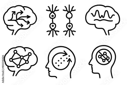 Psychedelic Brain Activity. Line style icons of brain activity in psychedelic therapy: altered neural pathways, synapse expansion,