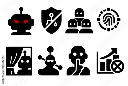 AI Conspiracy Icons. Solid style icons of AI conspiracy labs: red-eye robot icon, secret upgrade badge, silent bot swarm glyph.