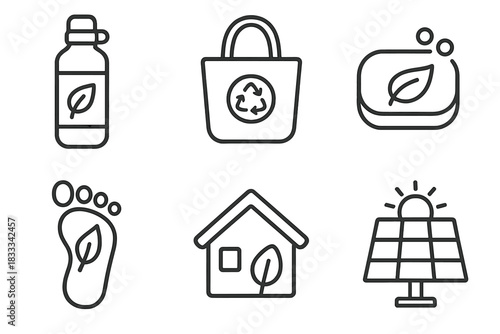 Sustainable Voluntourism Icons. Line style icons of sustainability in voluntourism: reusable water bottle, zero-waste travel bag,