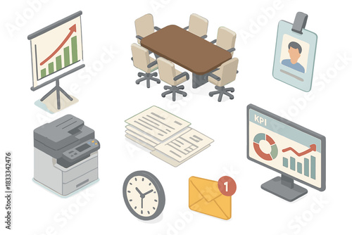 Isometric Business Essentials. Isometric vector illustration set of Business: profit chart, boardroom table, employee ID badge.