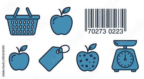 hand-drawn shopping vector icon set in blue outline, showing basket, apples, peach, barcode, price tag, and scale, suitable for e-commerce, retail graphics, pricing visuals, and product design project