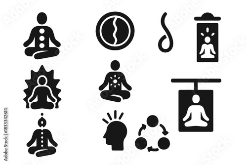 Chakra Energy Flow. Solid style icons of chakras and energy flow: aerial pose with chakra icons, energy line badge, spine channel