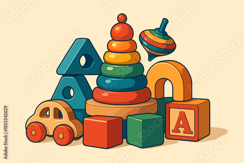 Colorful Toy Pyramid. Colorful wooden toys arranged in a pyramid on a clean pastel background, playful and nostalgic, ideal for