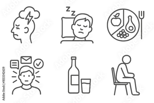Icons of Detrimental Habits. Line style icons of habits that harm neuroplasticity: chronic stress symbol, lack of sleep icon, poor