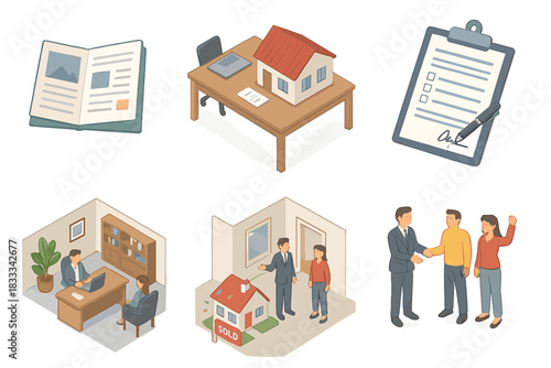 Isometric Real Estate Celebration. Isometric vector illustration set of Real Estate: real estate brochure, house model on table,