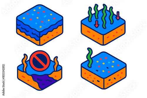 Anthropogenic Impact Zones. Isometric vector illustration set Anthropogenic Impact Zones: Plastic particle layer, altered organic