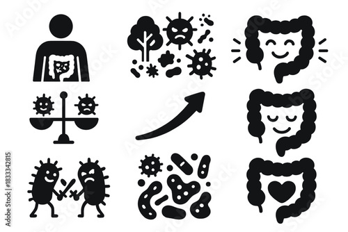 Gut Health Icons. Solid style icons of healthy vs dysbiotic gut: flora imbalance chart, bad bacteria takeover, irritated colon.