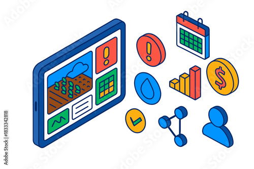 Smart Farming Dashboard. Isometric vector illustration set Smart farming – farm management dashboard, chart widgets, status icons;
