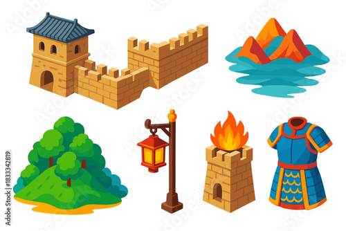 Great Wall Icons. Isometric vector illustration set Historical monuments – Great Wall of China watchtower, crenellated wall,
