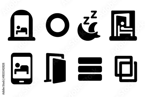 Interdimensional Sleep Icons. Solid style icons of interdimensional sleep theory: doorway glyph, void ring icon, realm shift badge