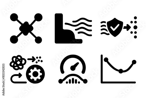 Chaos Design Icons. Solid style icons of chaos-ready design: random event node, volatility buffer icon, unpredictable flow with