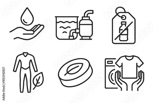 Eco-Friendly Sports Icons. Line style icons of environmental awareness in the sport: clean water icon, pool filter system, no