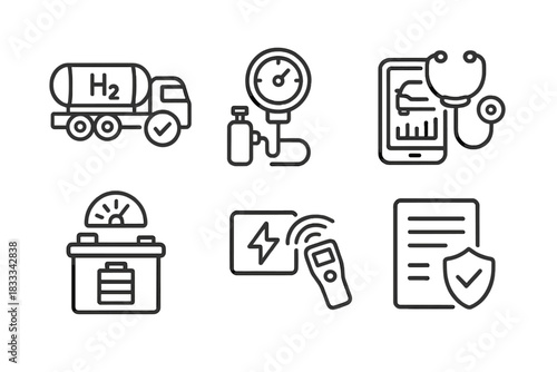 Hydrogen Truck Maintenance Icons. Line style icons of hydrogen truck maintenance and inspection: hydrogen tank check, pressure