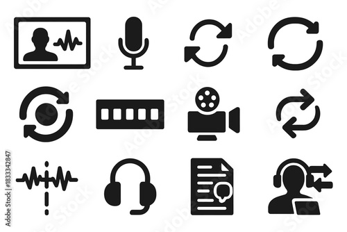 ADR Icons Collection. Solid style icons of ADR (automated dialogue replacement): studio screen with actor, sync waveform, dialogue