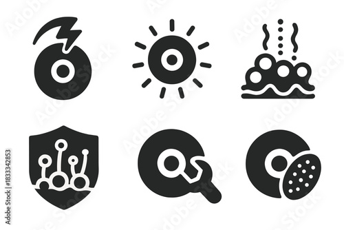 Cell Regeneration Icons. Solid style icons of plasma and cell regeneration: human cell with healing arc, stem cell activation icon