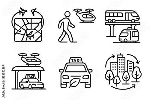Future Urban Mobility Icons. Line style icons of future urban mobility: city map with flying routes, pedestrian and flying cab