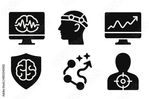 Neurofeedback Icons Collection. Solid style icons of neurofeedback training: brainwave screen icon, EEG headset glyph, signal