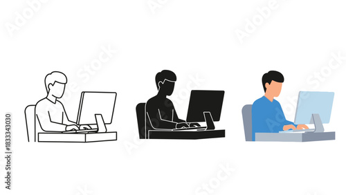 Set of three illustrations showing a person working a computer at a desk in outline, silhouette, and full color style