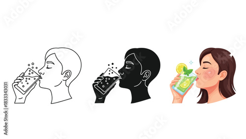 Set of three illustrations showing a person drinking a refreshing beverage, including line art, silhouette and full color style