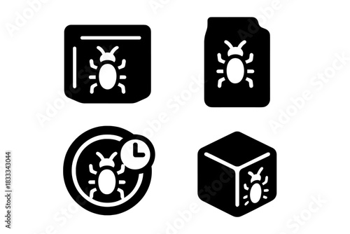 Bug Protein Survival Icons. Solid style icons of bug protein for emergency food: survival bar icon, emergency meal pack, long