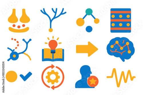 Neural Adaptation Icons. Flat vector icons of neural mechanisms of cultural adaptation: synapse, dendrite, neurotransmitter,