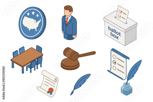 Electoral College Icons. Isometric vector illustration set Voting and elections – electoral college icons: state seal, delegate