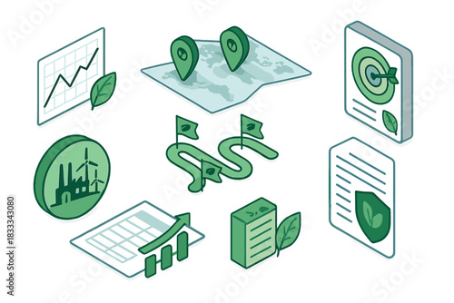 Ethical Investing Symbols. Isometric vector illustration set of Ethical investing: climate-friendly savings chart, low-carbon