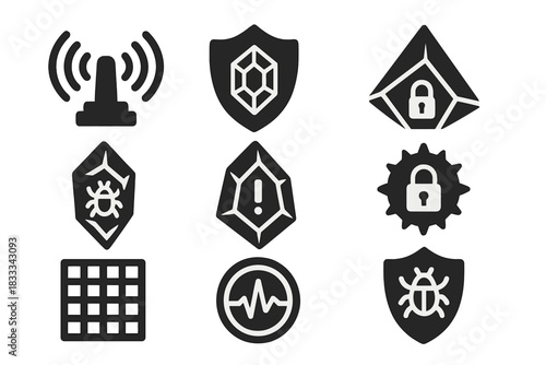 Cyber Defense Icons. Solid style icons of cyber-defense with crystal logic: counterwave emitters, threat block gems, encryption