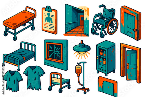Forgotten Asylum Icons. Isometric vector illustration set Forgotten Asylum: rusty gurney, old medical chart, empty hallway, faded