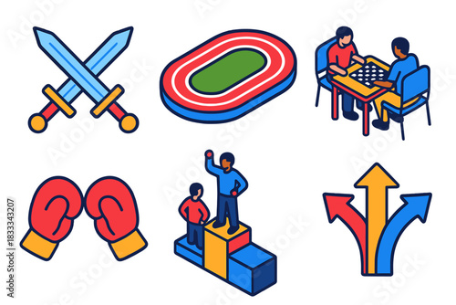 Competitive Strategies Icons. Isometric vector illustration set Competitive Strategies: dueling swords, racing track, two players