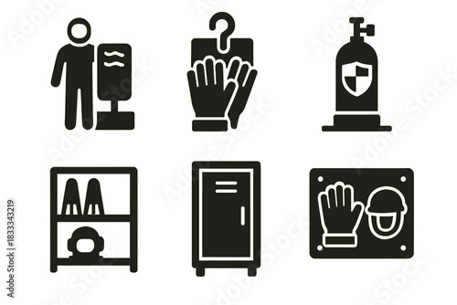 Diving Gear Icons. Solid style icons of gear prep and locker setup: diver suit with board, gloves on hook icon, tank with chess