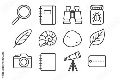 Nature Study Icons. Line style icons of Nature Study: Magnifying Glass, Field Notebook, Binoculars, Insect Jar; Feather, Shell,