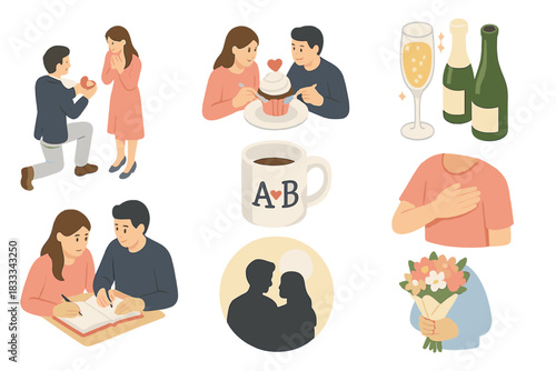 Romantic Moments Collection. Isometric vector illustration set of Romantic & Love: engagement surprise scene, shared cupcake