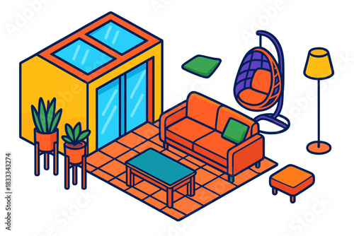 Vibrant Garden Sunroom. Isometric vector illustration set Interior layout – garden sunroom sofa, hanging chair, coffee table;