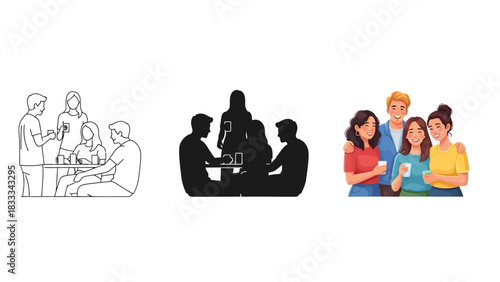 Collection of three different styles of group interaction illustrations showing people meeting, talking and socializing